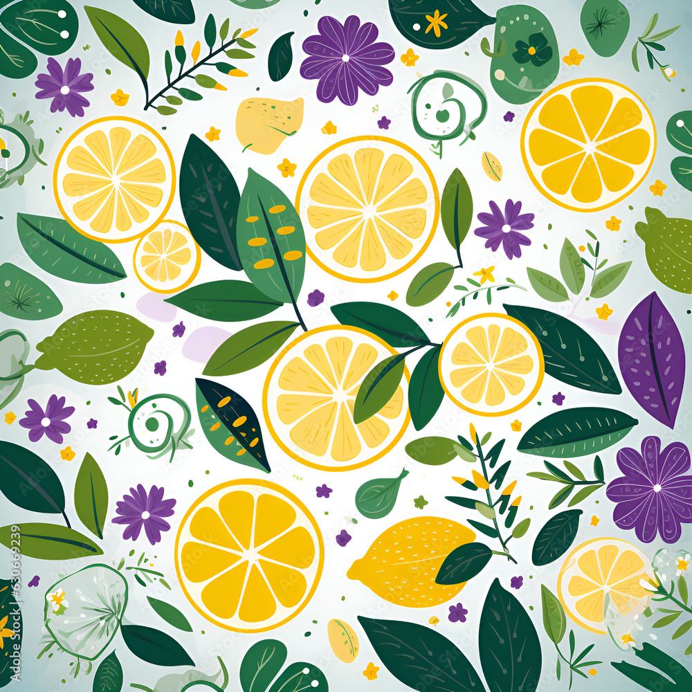 seamless pattern with lemon,slice,lime,fresh,yellow,green,healthy,juice,AI generated 