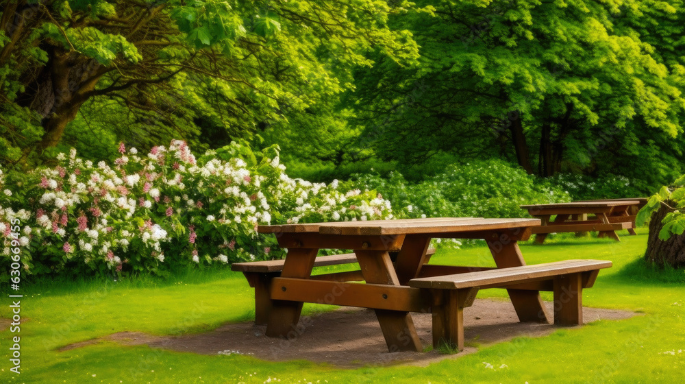 Wooden Picnic Table Surrounded by Greenery