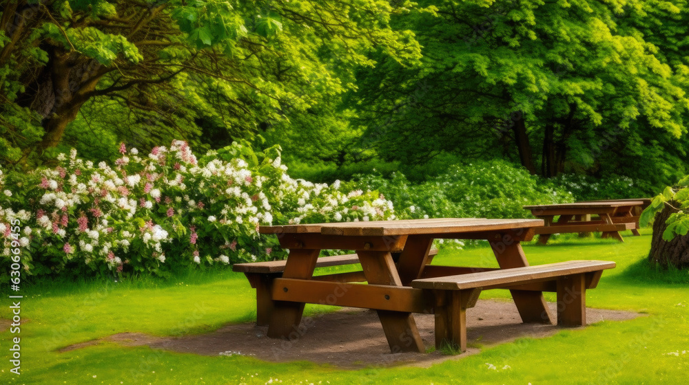 Wooden Picnic Table Surrounded by Greenery Wooden Picnic Table Surrounded by Greenery