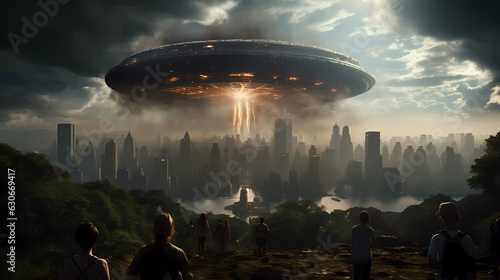 UFO, an alien saucer hovering above the field in the clouds, hovering motionless in the sky. Unidentified flying object, alien invasion, extraterrestrial life, space travel, spaceship. mixed media