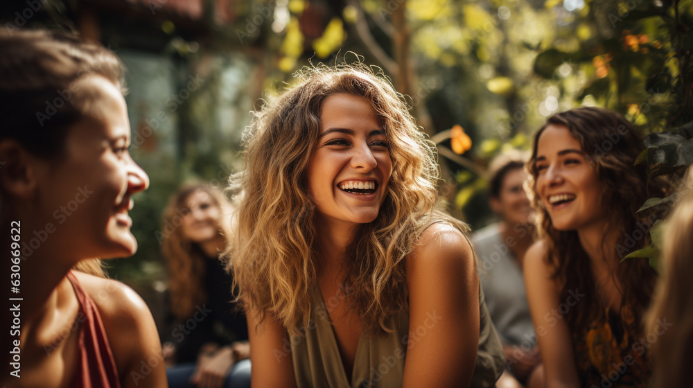 A group of friends laughing and smiling together during a joyous outdoor gathering