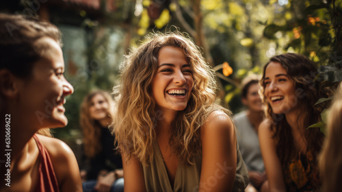 Obraz na płótnie A group of friends laughing and smiling together during a joyous outdoor gathering w salonie