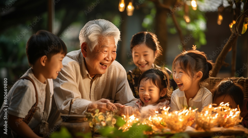 A heartwarming scene of grandparents sharing a playful moment with their grandchildren 