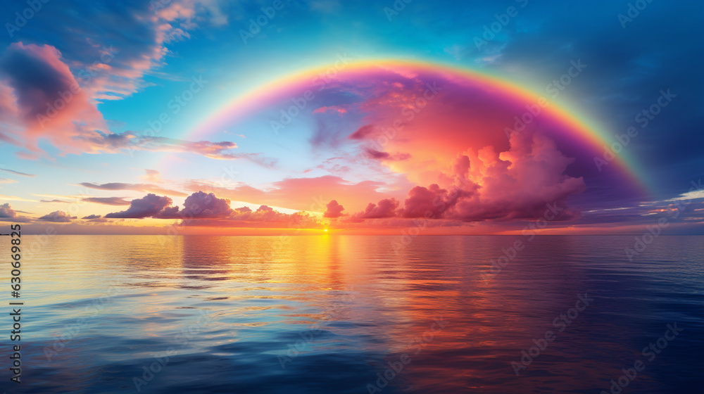 A stunning view of a rainbow stretching across the sky, evoking smiles and wonder A stunning view of a rainbow stretching across the sky, evoking smiles and wonder