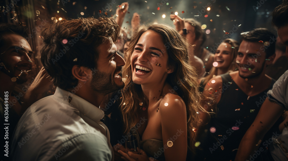 A captivating photograph of people embracing and laughing in the midst of a surprise party 