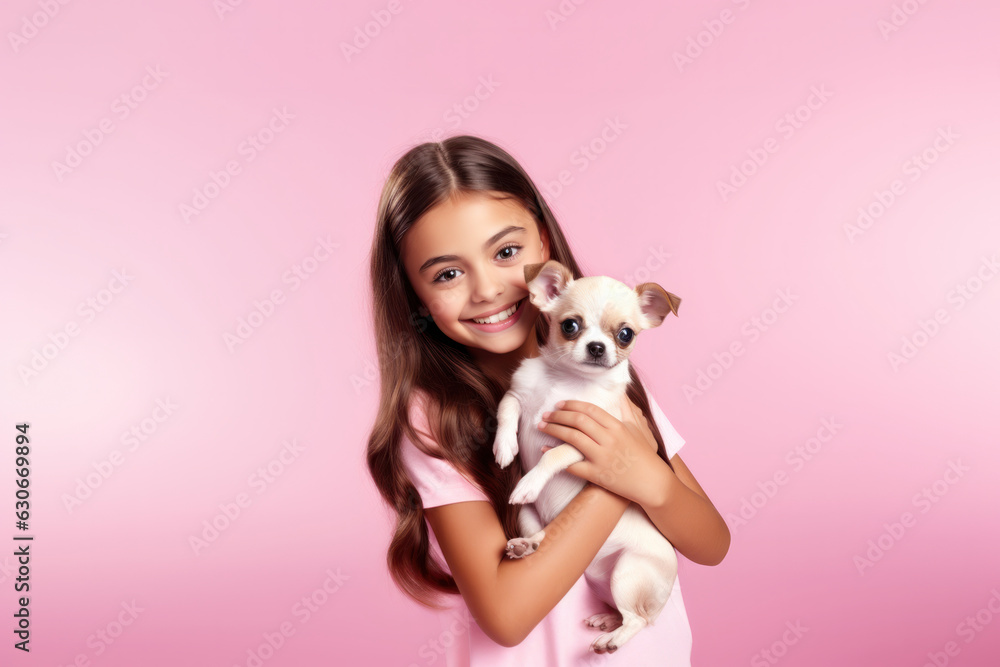 Lovely girl plays with dog, isolated on pink background. Cute!