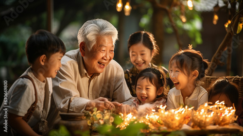 A heartwarming scene of grandparents sharing a playful moment with their grandchildren 