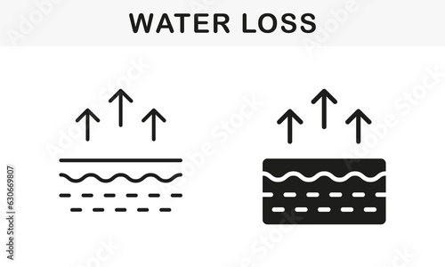 Skin Moisture Evaporation Line and Silhouette Black Icon Set. Skin Structure and Arrows Up Moisture Wicking Process Symbol Collection. Skin Water Loss Pictogram. Isolated Vector Illustration