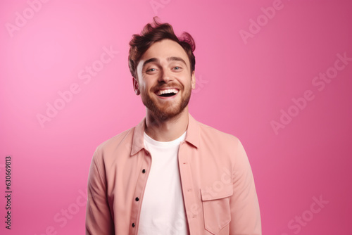 Excited hipster guy celebrates anniversary or promotion, dressed casually, isolated on pink background. Youthful joy!