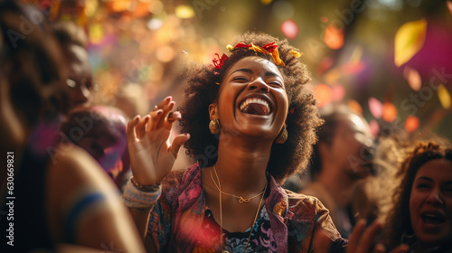 A captivating shot of people dancing and celebrating with genuine smiles at a festival 