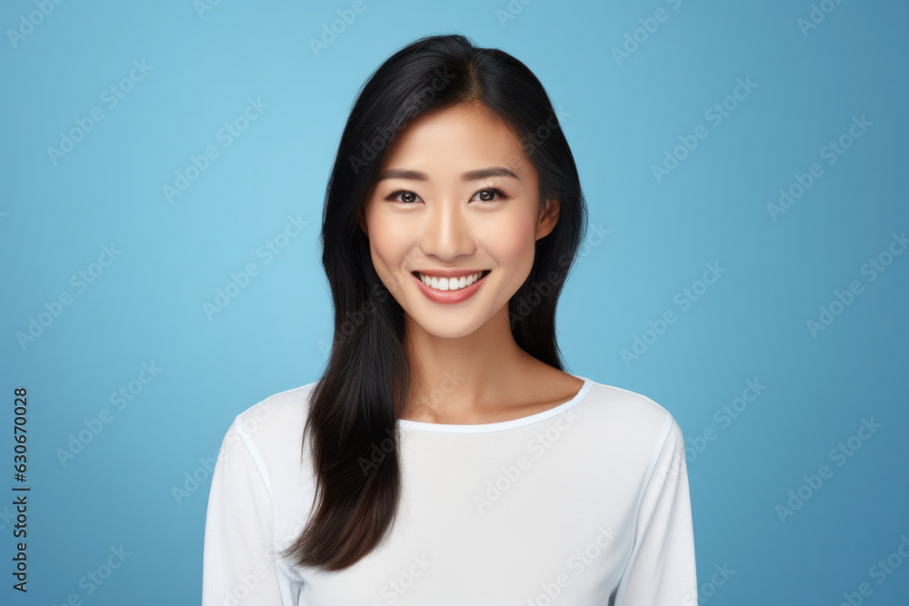 Pretty Asian woman with dark hair, wearing a white shirt and jumper, smiles pleasantly at the camera with a toothy smile. Isolated over a blue background. Pretty Asian woman with dark hair, wearing a white shirt and jumper, smiles pleasantly at the camera with a toothy smile. Isolated over a blue background.