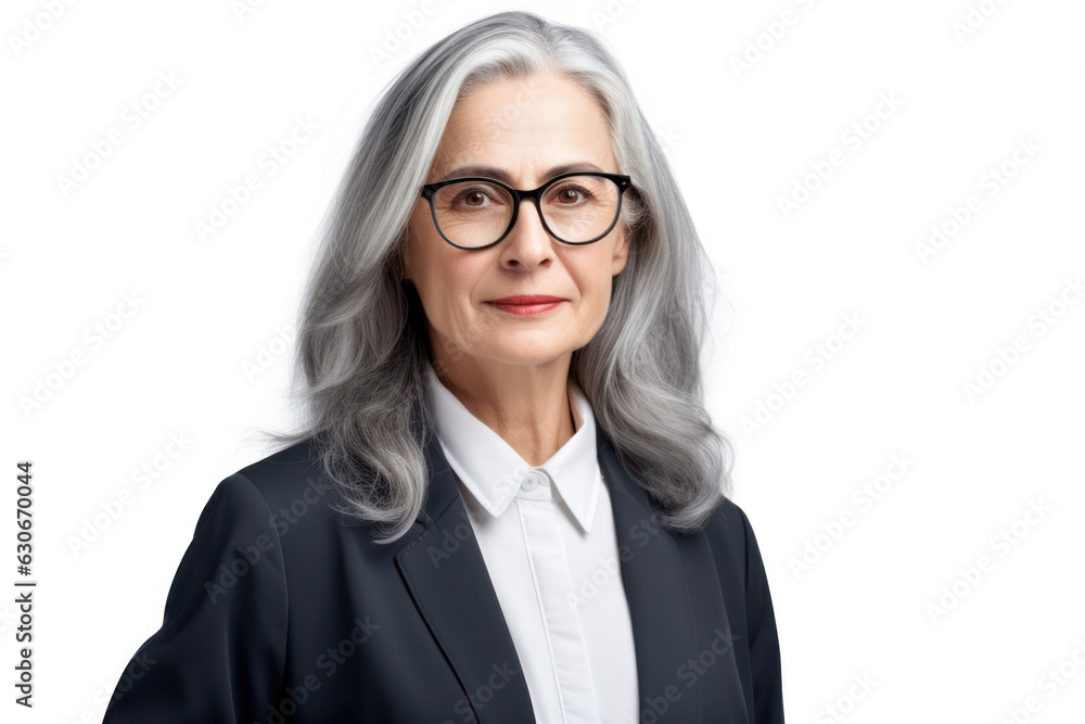 Mature woman with long gray hair, glasses, and office attire. Isolated on white background.
