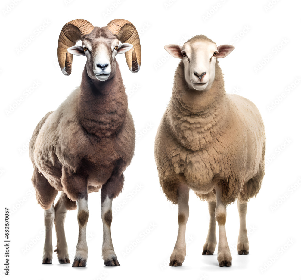 Obraz premium male and female sheep, ram and ewe on isolated background