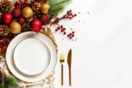 Christmas table setting with white and golden decoration on white background. Minimalism style. Copy space. Xmas dinner. Generative AI.