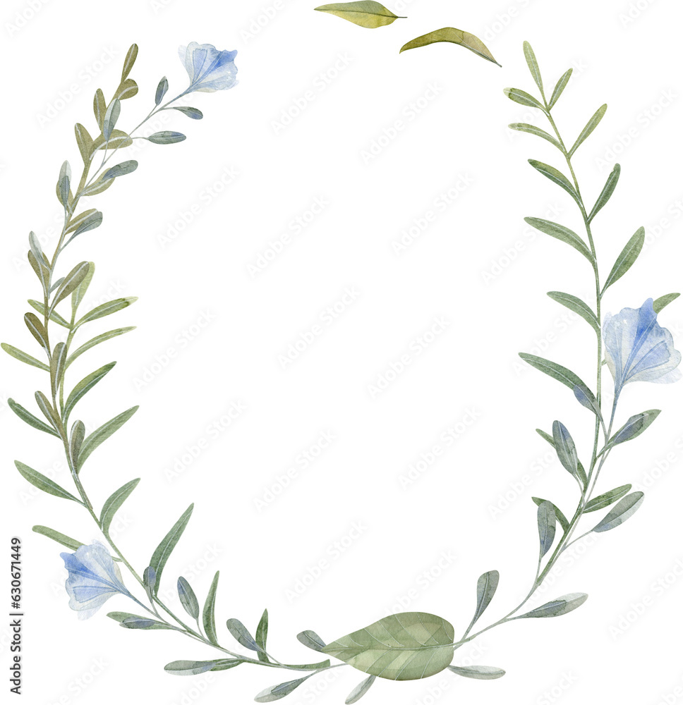Hand Drawn Watercolor Wreath With Leaves And Flowers
