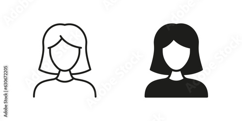 Woman Line and Silhouette Black Icon Set. Female Pictogram. Businesswoman, Politician Lady Sign. Business Manager. Beautiful Girl's Profile Avatar Symbol Collection. Isolated Vector Illustration