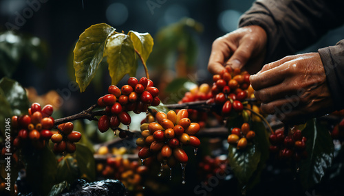 Recreation of male hands harvesting coffee beans in a coffee plant a raining day. Illustration AI