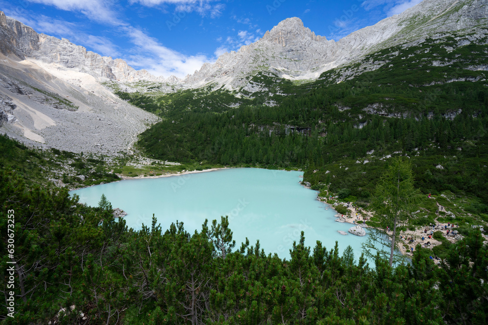 Lago di Sorapis - turquoise mountain lake in the Dolomites