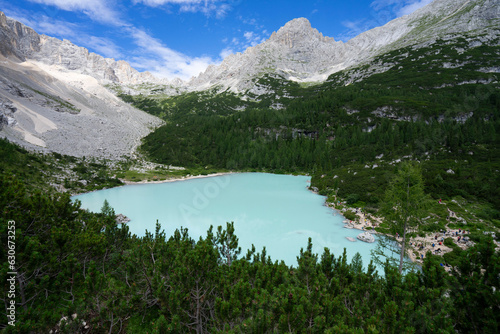 Lago di Sorapis - turquoise mountain lake in the Dolomites photo