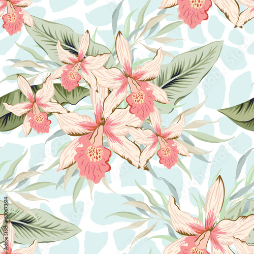 Tropical pink orchid flowers, palm leaves, giraffe animal print background. Seamless pattern. Vector illustration. Exotic plants. Summer beach floral design