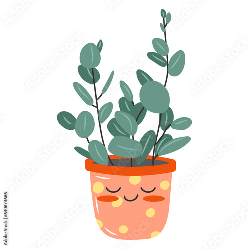 Kawaii plant in a flower pot. Sticker of a plant with a cute smile for kids. exotic plant. Cute plant on isolated white background. vector stock illustration.