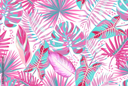 Seamless pattern with tropical leaves on white background. Colorful leaves of palm, monstera, alocasia, philodendron, calathea. Pink and light blue colors. Summer tropical pattern. Vector.