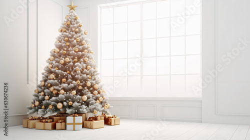 Big beautiful Christmas tree in room decorated © Cybonix