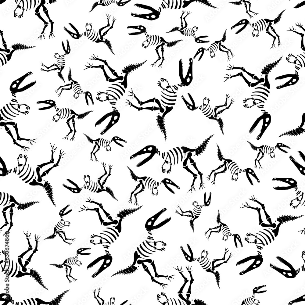 Dinosaurs skeleton seamless pattern. Cool print for textiles. Blzck and white pattern Dinosaurs skeleton seamless pattern. Cool print for textiles. Blzck and white pattern