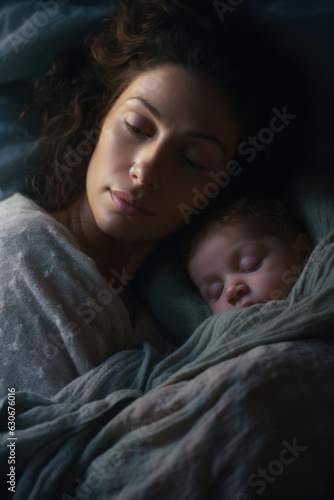 Sleeping Mother and Baby Snuggled Together