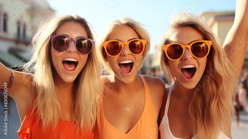 Twenty-something Friends on Vacation Wearing Sunglasses in a Sign of Joy © ArgitopIA