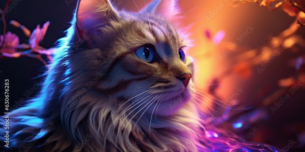 AI Generated. AI Generative. Cat sitting close to neon glowing light. Portrait pet animal face cyberpunk neon style. Can be used like home cozy poster