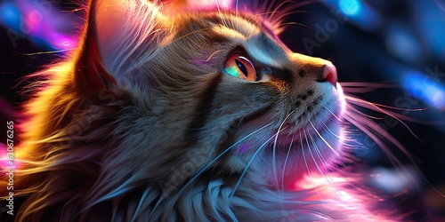 AI Generated. AI Generative. Cat sitting close to neon glowing light. Portrait pet animal face cyberpunk neon style. Graphic Art