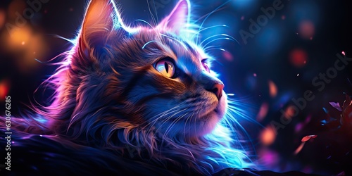 AI Generated. AI Generative. Cat sitting close to neon glowing light. Portrait pet animal face cyberpunk neon style. Graphic Art