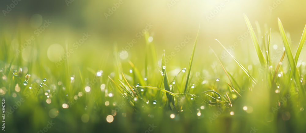 Fototapeta premium Macro Beauty: Water Drop Sparkle on Grass Blade in Sunlight, Morning Dew Artistry
