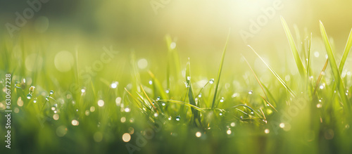 Macro Beauty: Water Drop Sparkle on Grass Blade in Sunlight, Morning Dew Artistry