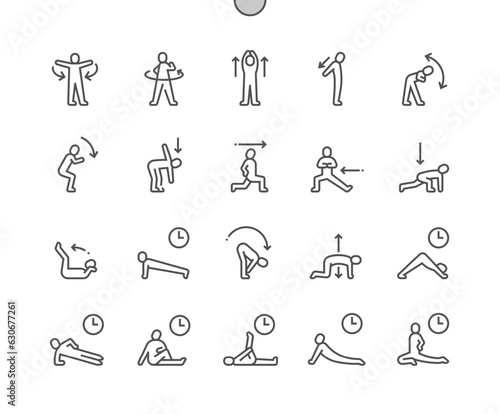 Warmup and stretching exercise. Chest stretch. Low lunge twist. Side plank. Pigeon pose. Pixel Perfect Vector Thin Line Icons. Simple Minimal Pictogram