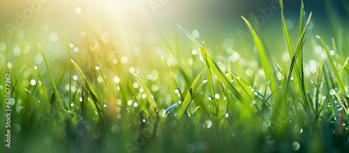 Macro Beauty: Water Drop Sparkle on Grass Blade in Sunlight, Morning Dew Artistry