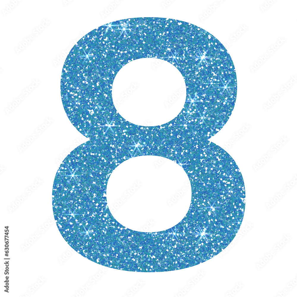 Blue glitter number eight in transparent background.Number 8 icon, Design for decorating, background, wallpaper, illustration.