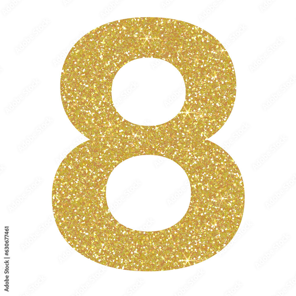 Golden glitter number eight in transparent background.Number 8 icon, Design for decorating, background, wallpaper, illustration. Golden glitter number eight in transparent background.Number 8 icon, Design for decorating, background, wallpaper, illustration.