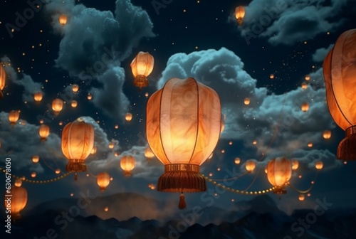 lanterns in the air with the beauty of the night sky. generative ai
