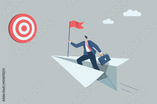 Ambitious businessman leader on flying high paper plane to professional success. Go for the set goal. Business vision to see opportunity. Vector design illustration.