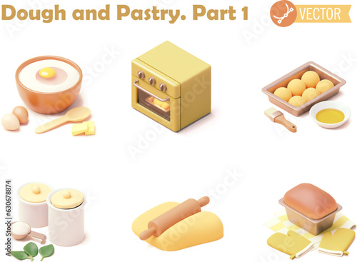 Vector isometric bakery icon set. Kneading dough, baking bread and pastry. Kitchen equipment, bread and pastry ingredients. Working process steps