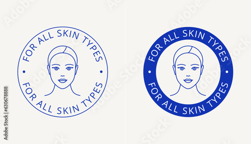For all skin types label, beauty logo, tag, stamp for women's skincare packaging. Icon for cream, toner, moisturizer, facial mask, lotion