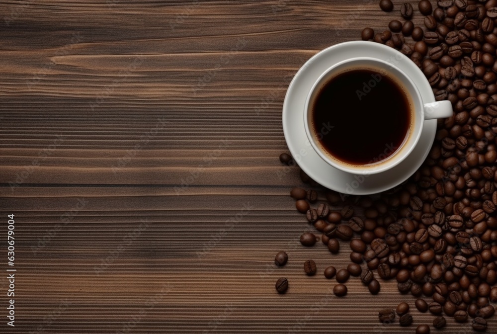 Top view of cup of coffee with coffee beans on wooden table with copy space. generative ai Top view of cup of coffee with coffee beans on wooden table with copy space. generative ai