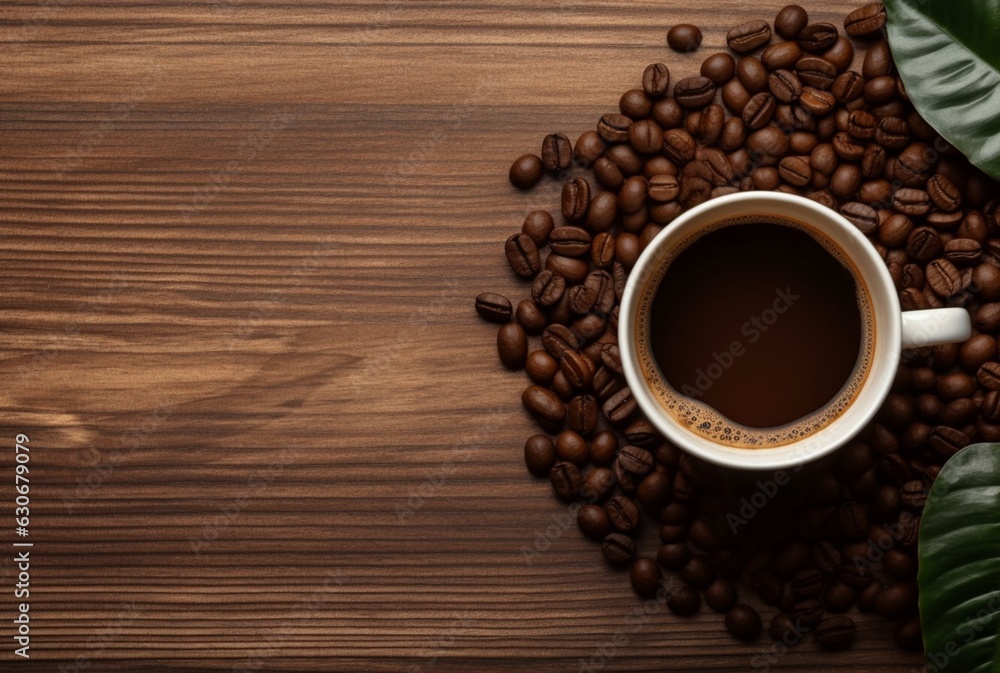 Top view of cup of coffee with coffee beans on wooden table with copy space. generative ai Top view of cup of coffee with coffee beans on wooden table with copy space. generative ai