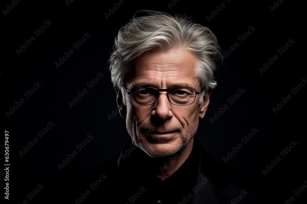 European man in 60s, medium gray hair, black background