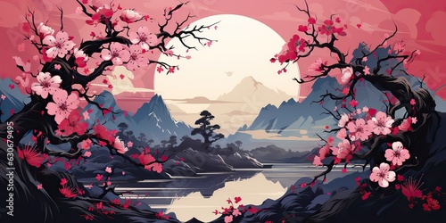 AI Generated. AI Generative. Vintage retro traditional Japanese Asian landscape background. Cherry blossom sakura tree flower mountain and outdoor nature minimal graphic art. Graphic Art