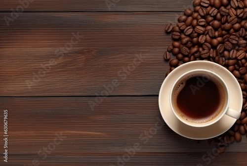 Top view of cup of coffee with coffee beans on wooden table with copy space. generative ai