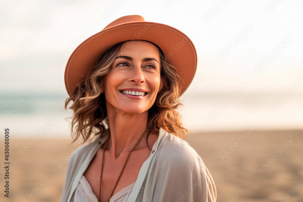 50 year old woman in a hat smiles serenely on a beach