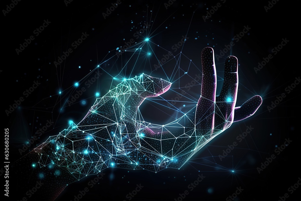 cyber human hands with blue small particles and connecting lines